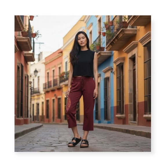 Lucky Brand Pants - Y2K: new Lucky Brand 𖥚 Embroidered Floral Mandala Crop Sweatpants 𖥚 Wine 𖥚 XS 𖥚